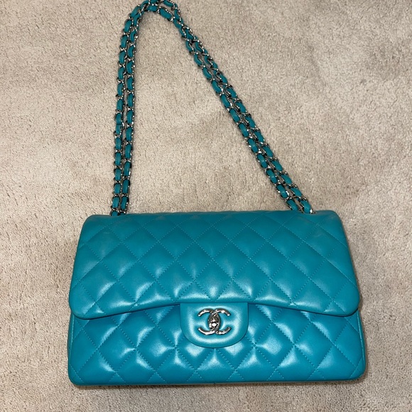 Chanel Jumbo Double Flap Bag Turquoise Blue Lambskin - Picture 4 of 15